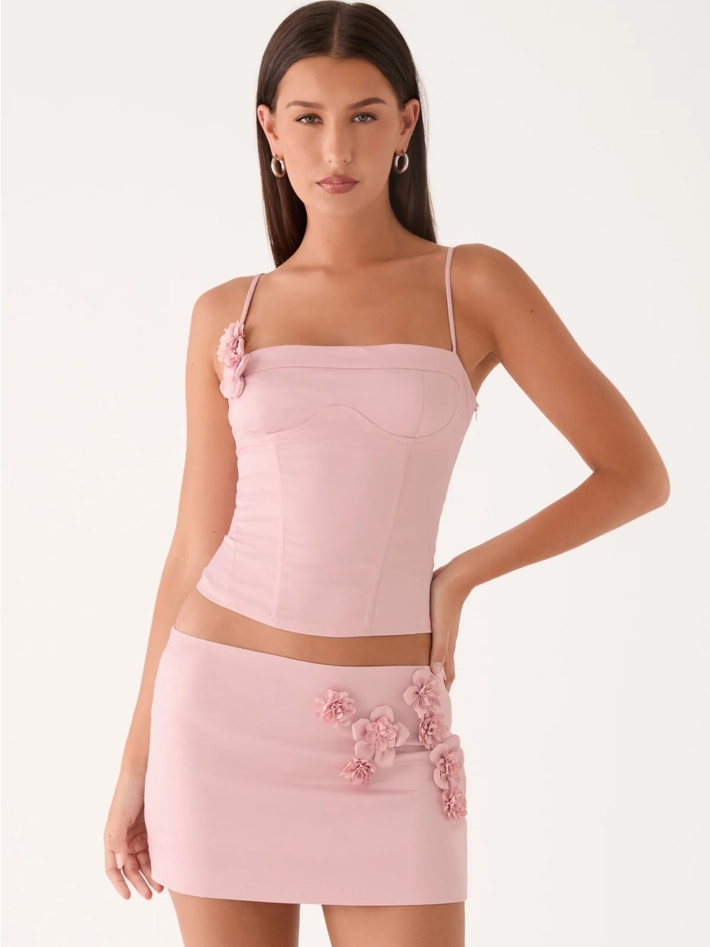 Peppermayo Blush Pink Floral Appliqué Corset Top & Mini Skirt